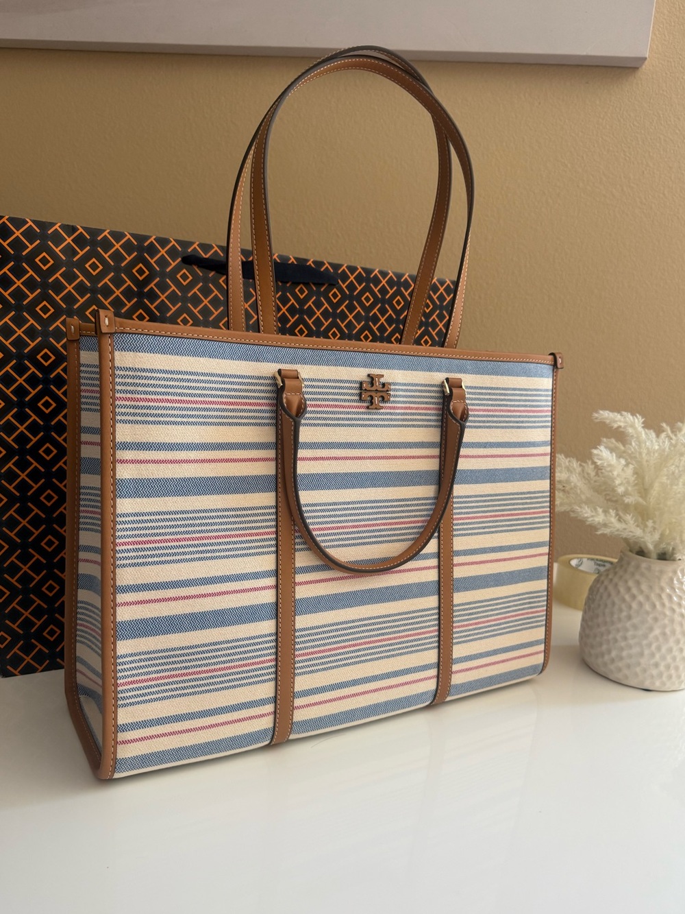 NWT, tory burch blake stripe canvas jumbo large tote multi walnut $550